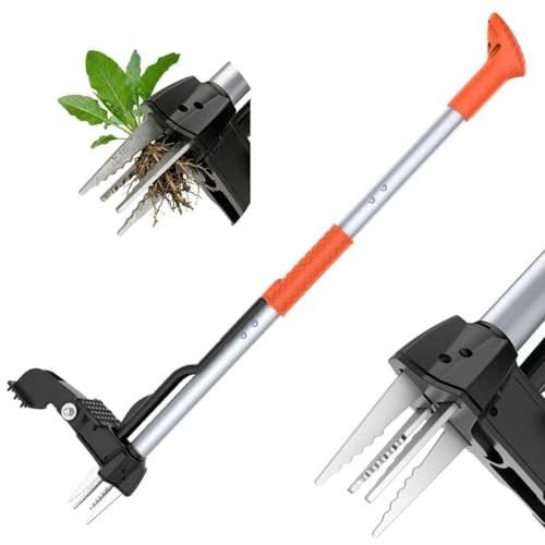 Heavy Duty Stand Up Weed Puller Tool - Long Handle Weeder with 4 Claws, Root Rem