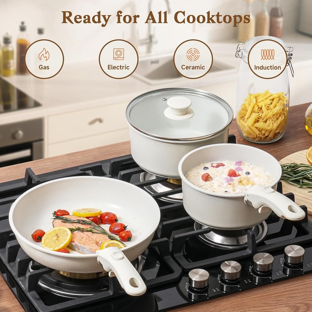 15PC Nonstick Cookware Set Detachable Handle RV Induction Stackable White