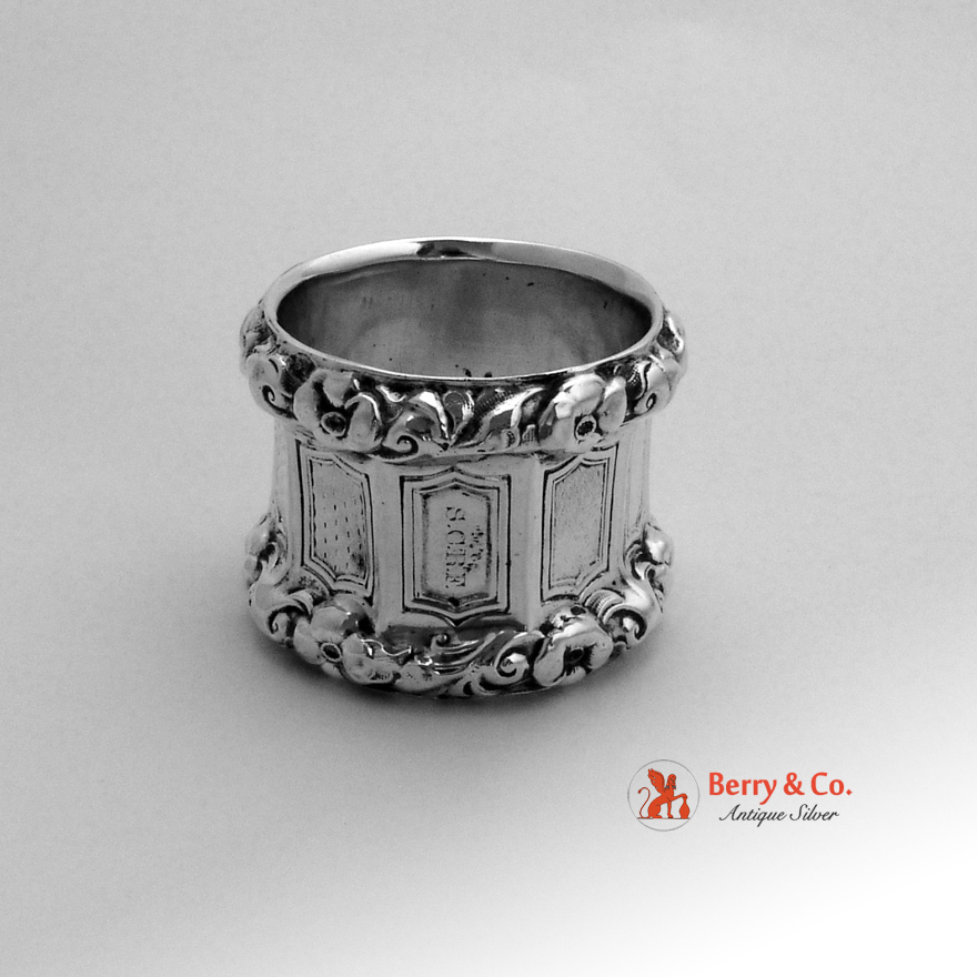Nonagonal Baroque Wild Rose Napkin Ring 12 Loth German Silver 1855