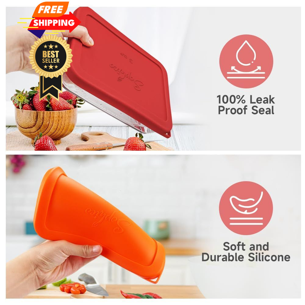 Sophico 3 Cup Rectangle Silicone Storage Cover Lids Replacement RED - 2 PACK