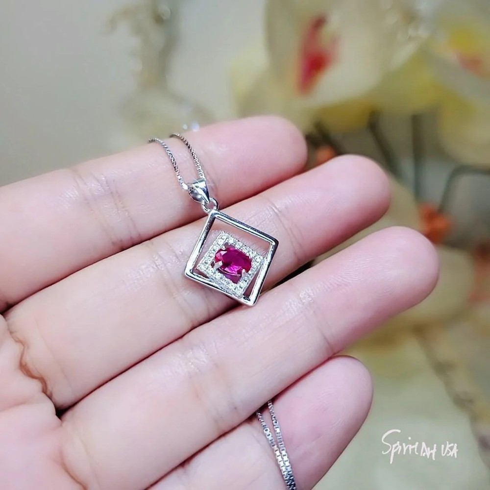 Geometric Ruby Necklace Sterling Silver Minimalist Double Square Tiny Ruby