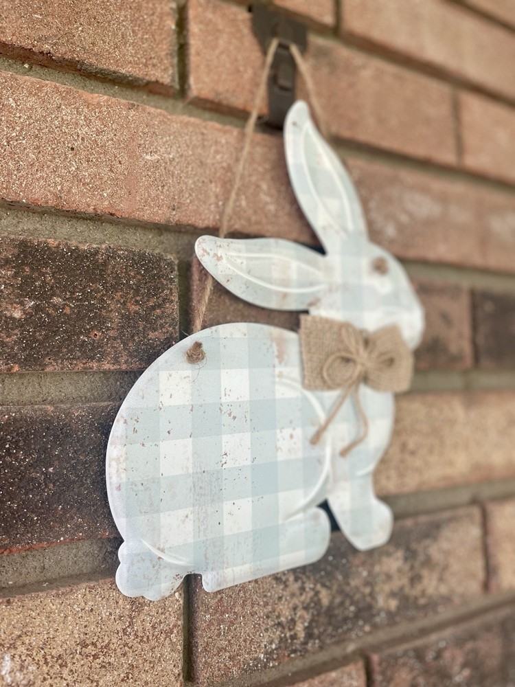 Spring Blue Gingham Hanging Metal Bunny
