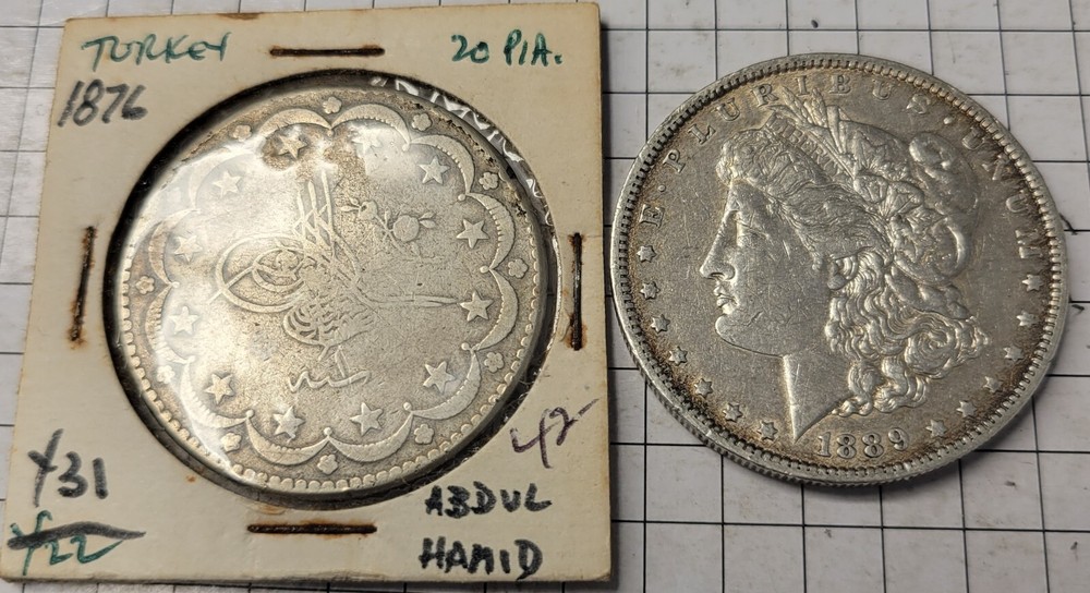 1876 Turkish 20 Abdul Silver Coin.