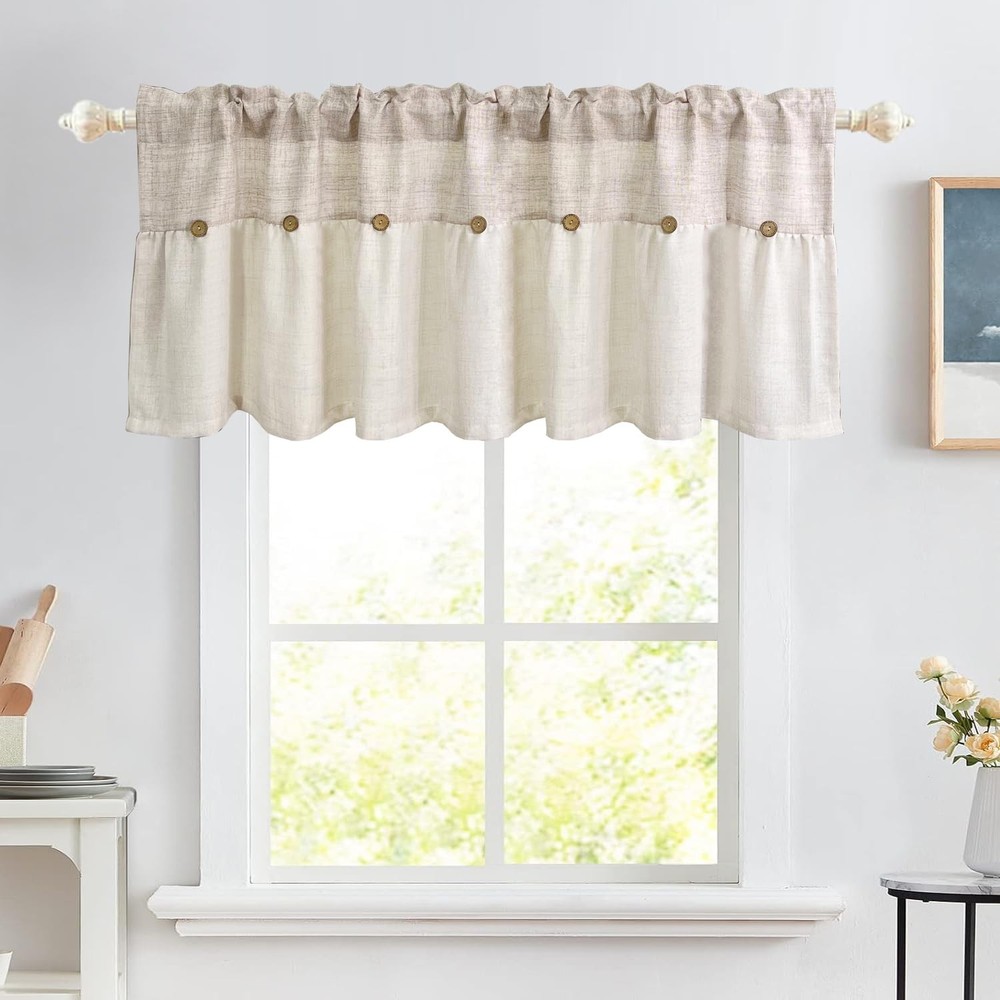 Farmhouse Boho Linen Button Valance for Kitchen Window Dining Room Rustic Caf...