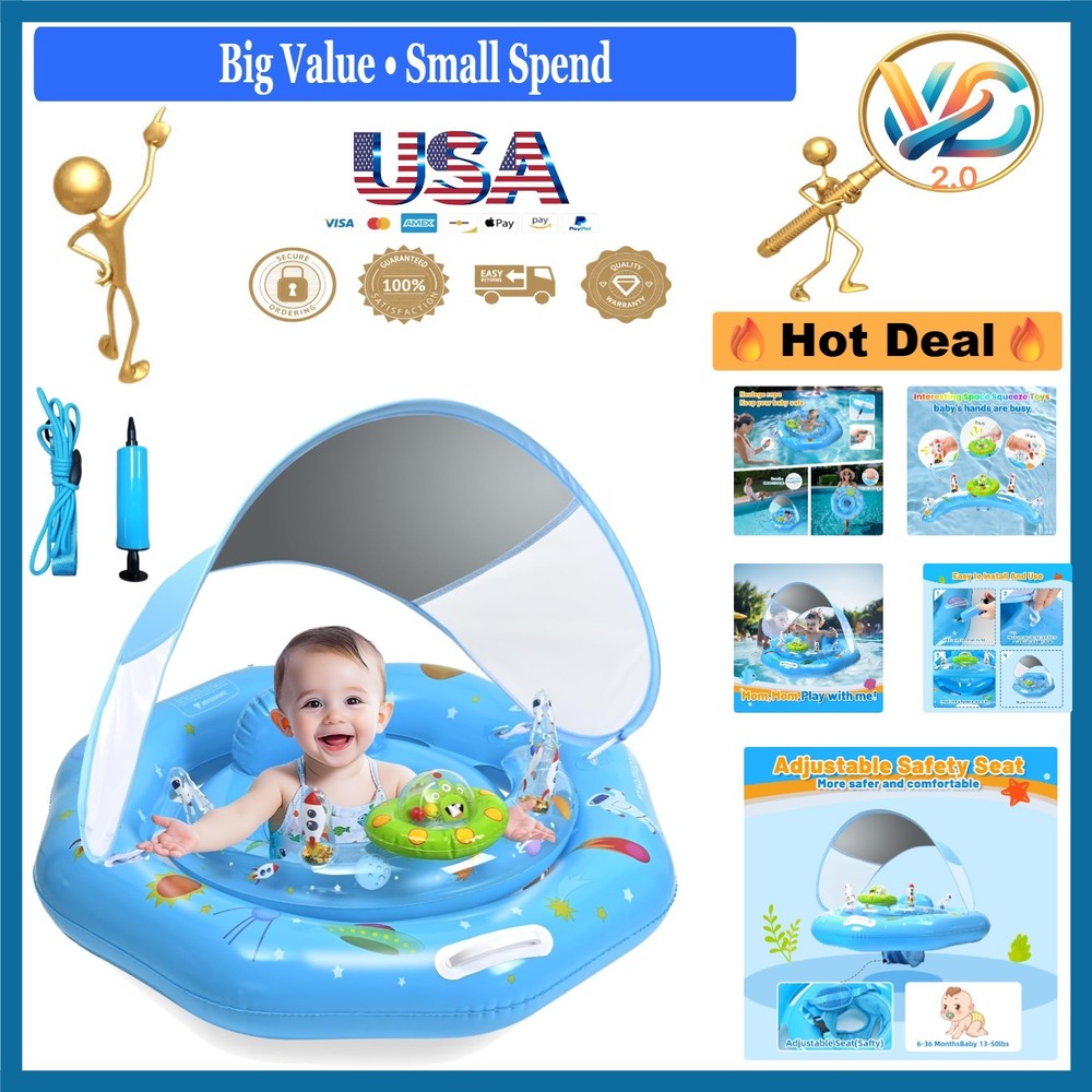 Baby Pool Float with Canopy Toy Console Safety Handle for 6-36  Blue