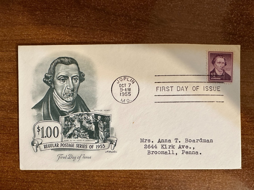 $1 PATRICK HENRY #1052 US FIRST DAY COVER 1955, ARTMASTER CACHET FDC