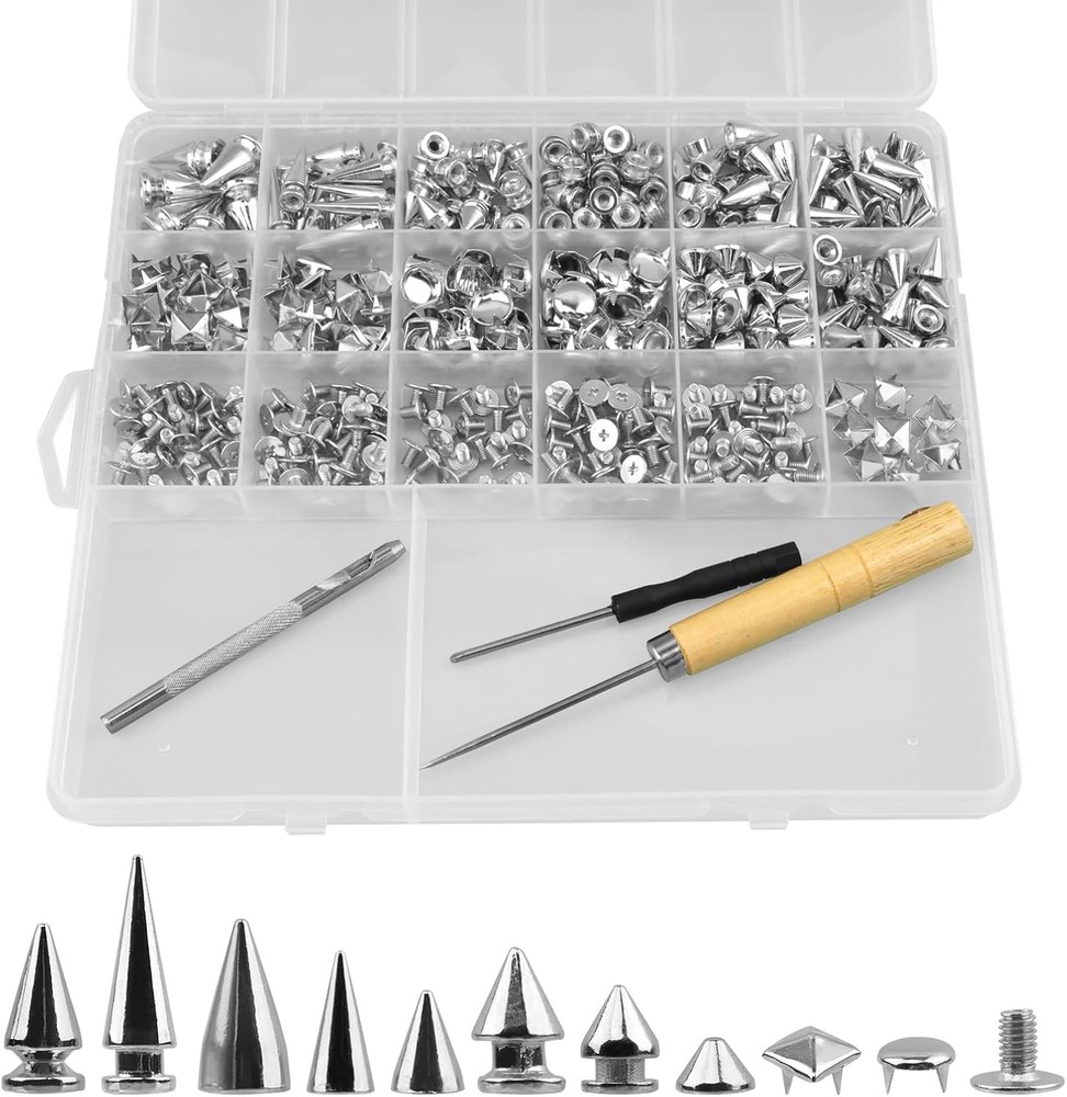 455 Sets Punk Studs and Spikes Kit - 8 Size Cone Spikes & Square Studs for Cloth