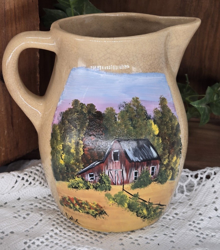 stoneware pitcher w/ fall barn (25164) hand painted