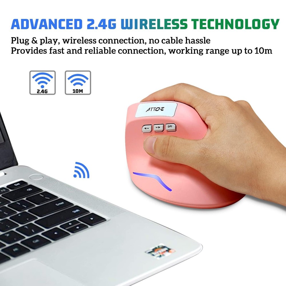 Wireless Vertical Ergonomic Optical Mouse Pink Computer Mouse with 3 Adjustab...