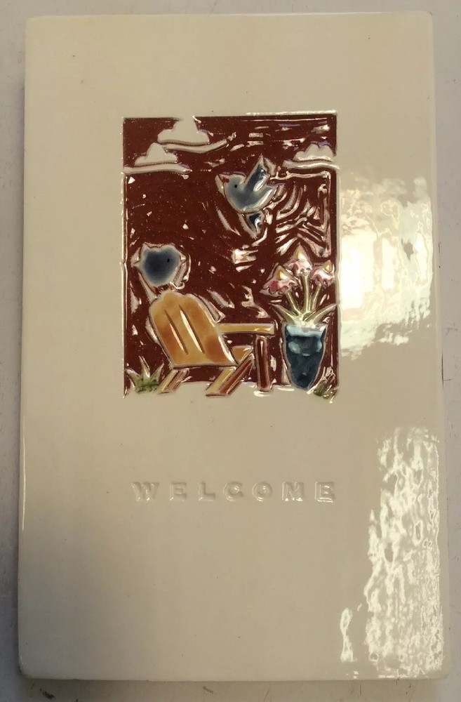 Red Step Studio Handcrafted Tile Paula Gil Welcome Bird Flower Chair Scene