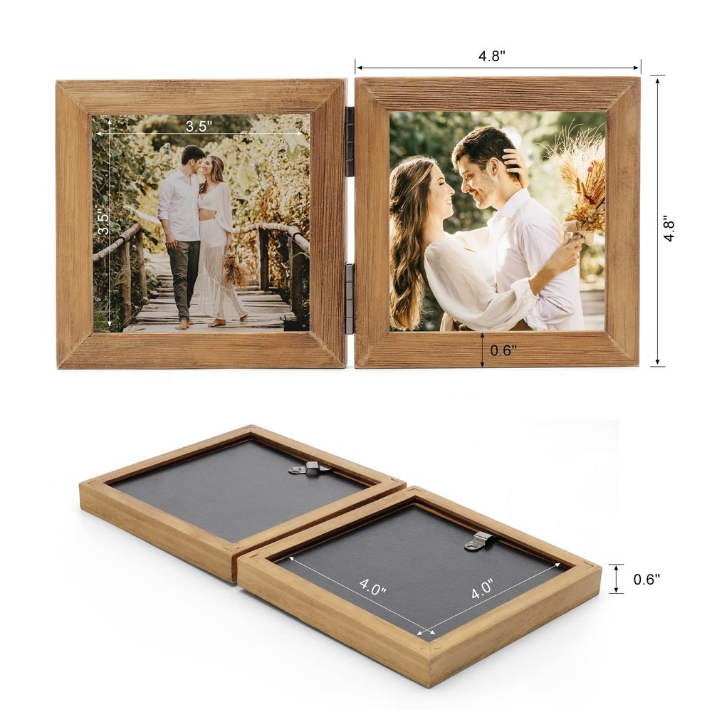Double 4X4 Picture Frames Hinged Folding Rustic Photo Frames in Brown for Wal...