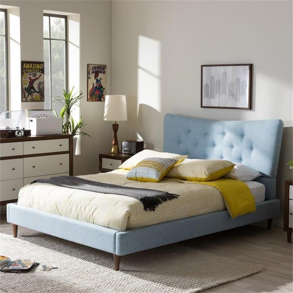 Bowery Hill Contemporary Queen Platform Bed in Light Blue Fabric