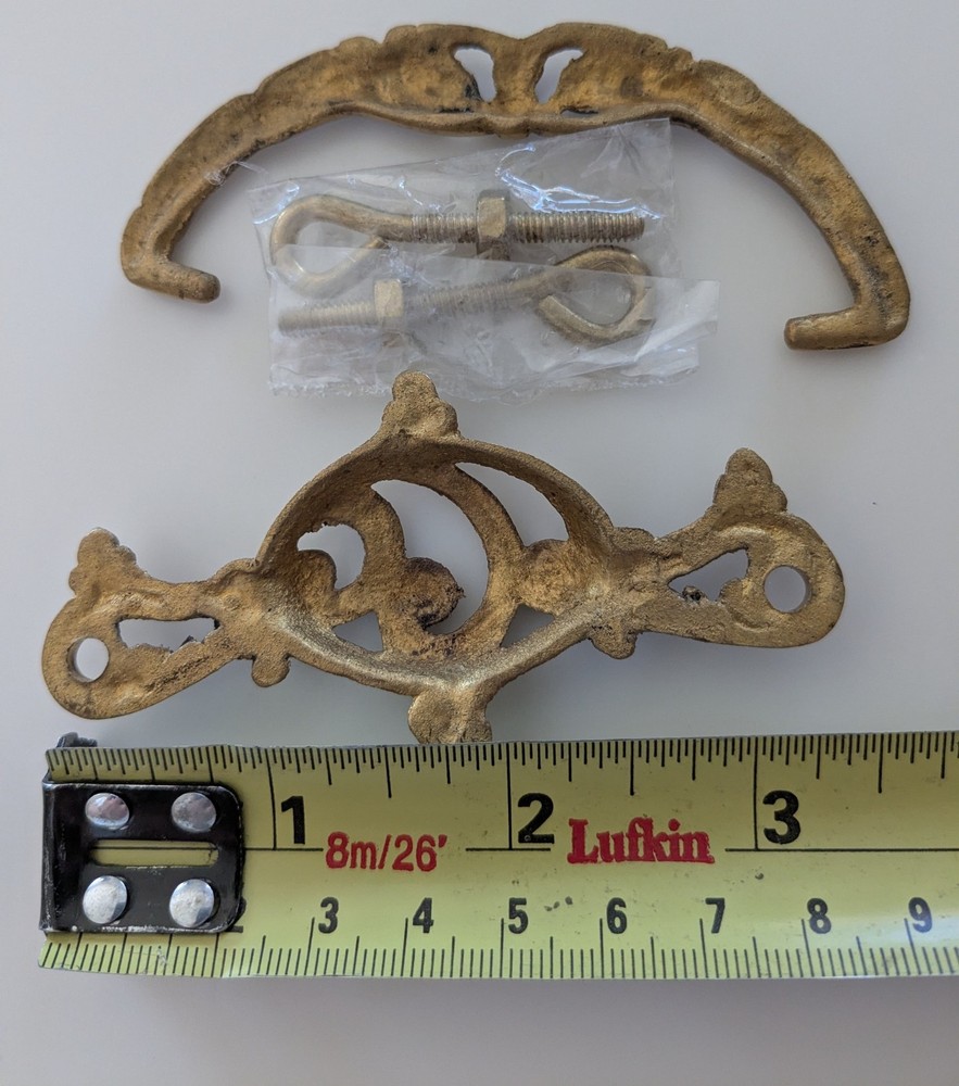 Drop Bail Drawer Pull Solid Brass w/hardware Ornate NOS 3" center 3.5"wide 1.75T