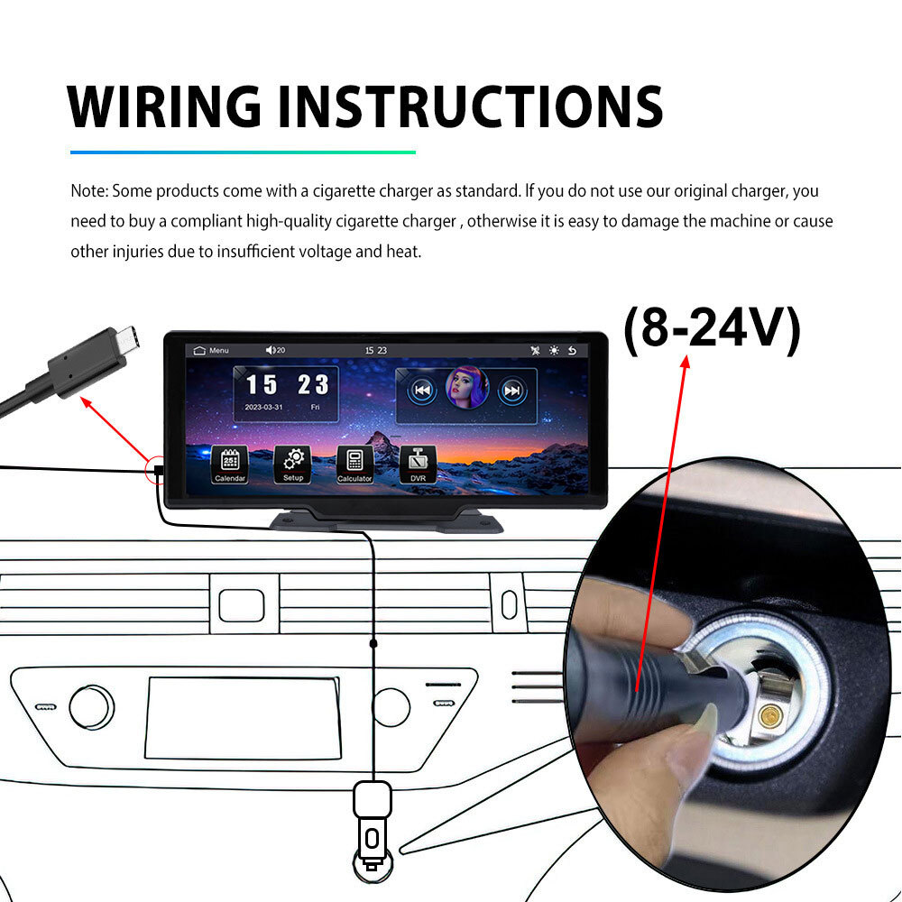10.26" Widescreen DVR Android Auto HD Portable Apple Carplay Navigation+Dash Cam