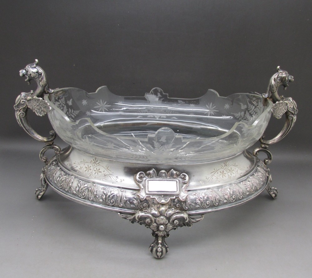 ANTIQUE LARGE SOLID SILVER & ETCHED GLASS TABLE CENTER PIECE 30CM 830g c1880