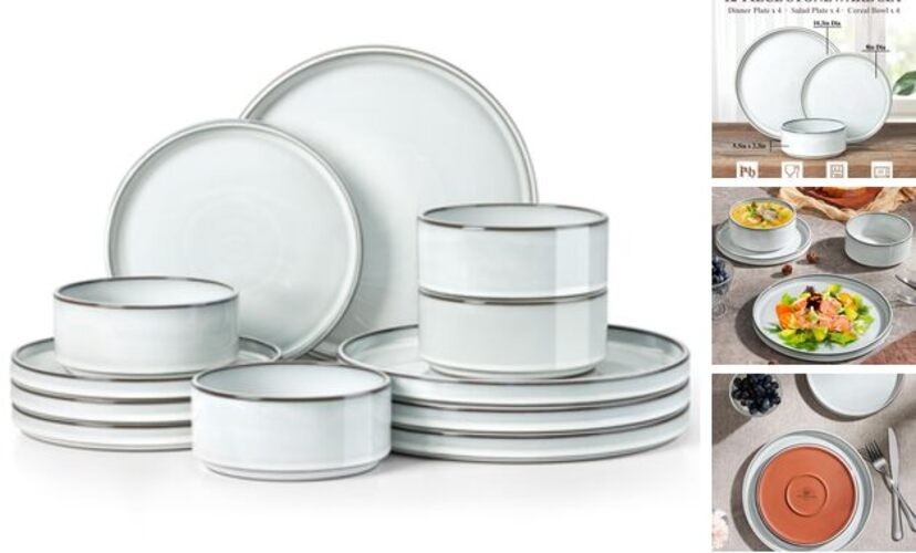 12 Pieces Stoneware Dinnerware Set for 4, Ceramic Dinner Dishware Icy White