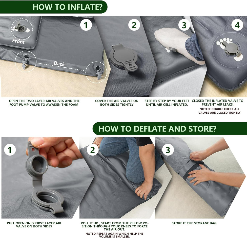 Memory Sleeping Pad, Compact 3" Thick Foam Sleeping Mats with Pillow, 9.5 R-Valu