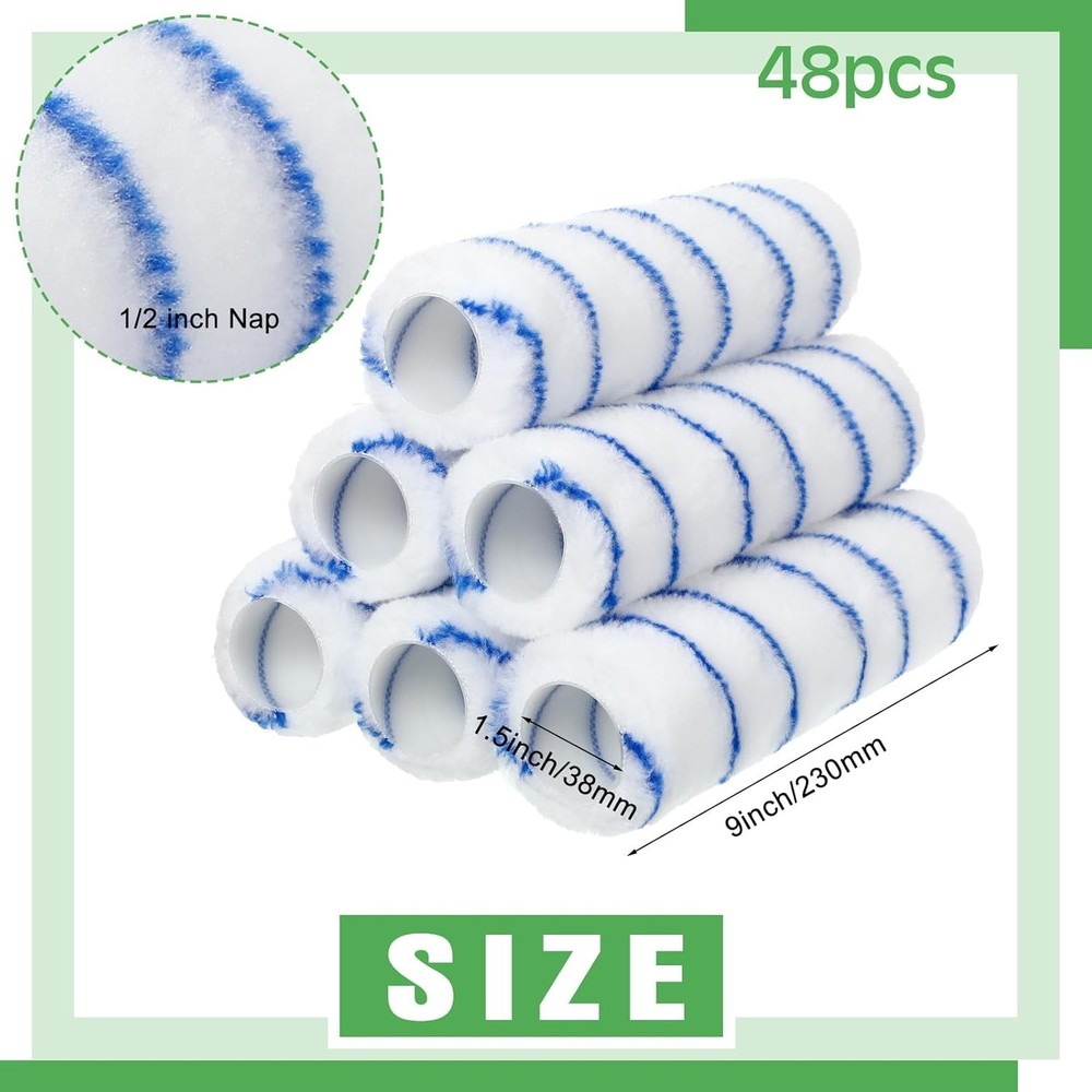 48-Pc 9"x1/2" Microfiber Paint Roller Covers, High-Capacity, Blue Stripe48-Pc 9"