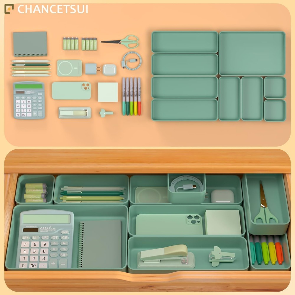 CHANCETSUI 9 Pcs Stackable Drawer Organizer Trays Set, Green, Multifunctional...