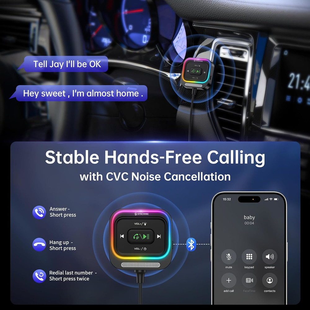 Syncwire Bluetooth 5.4 Aux Car Adapter [Large Mic&Noise Cancellation] Bluetooth