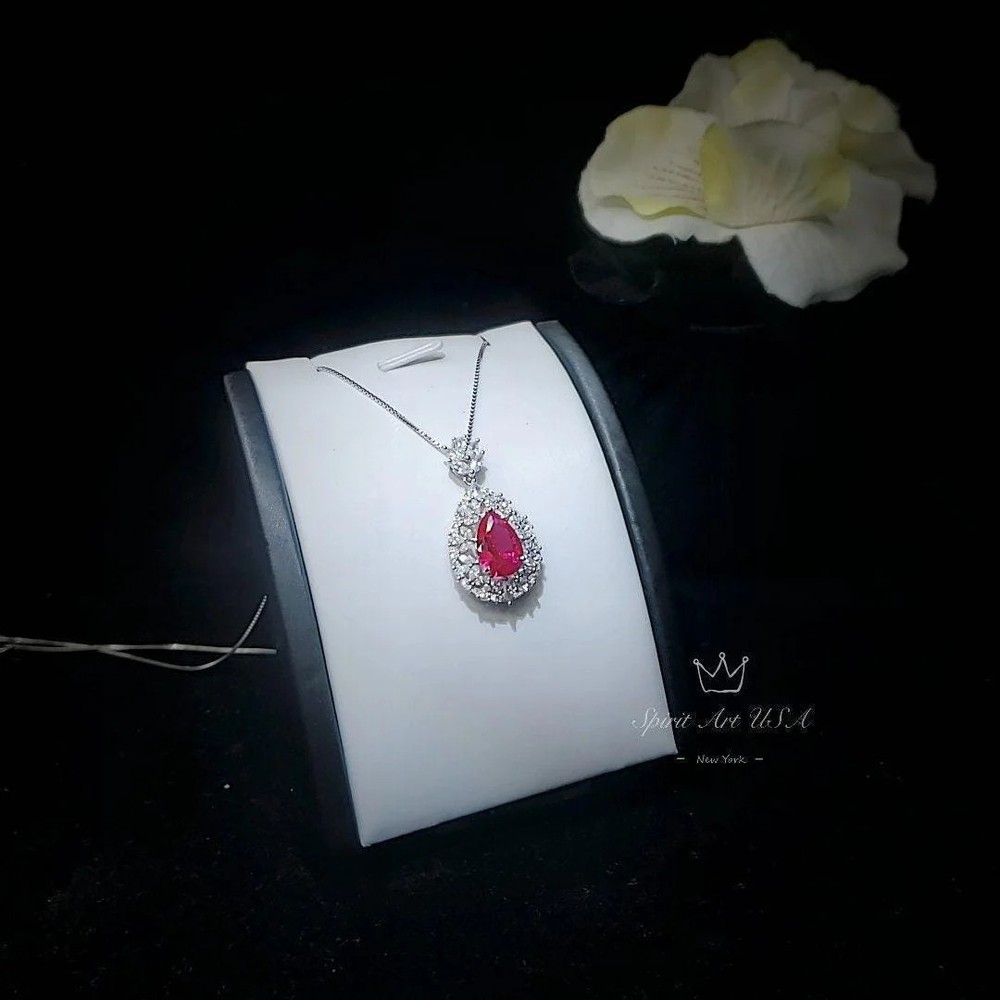 Large Teardrop Ruby Necklace - 3 CT Red Ruby Pendant - Gemstone Petal Flower -