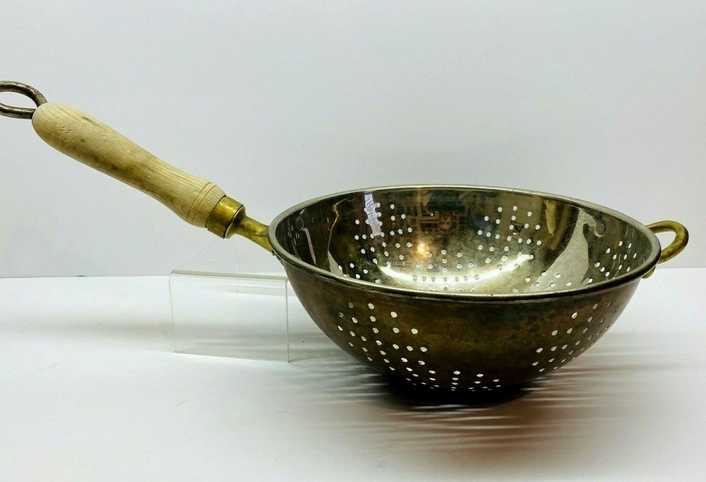 Vintage Tin Lined Copper Colander/Strainer With Wood Handle 9" Diameter