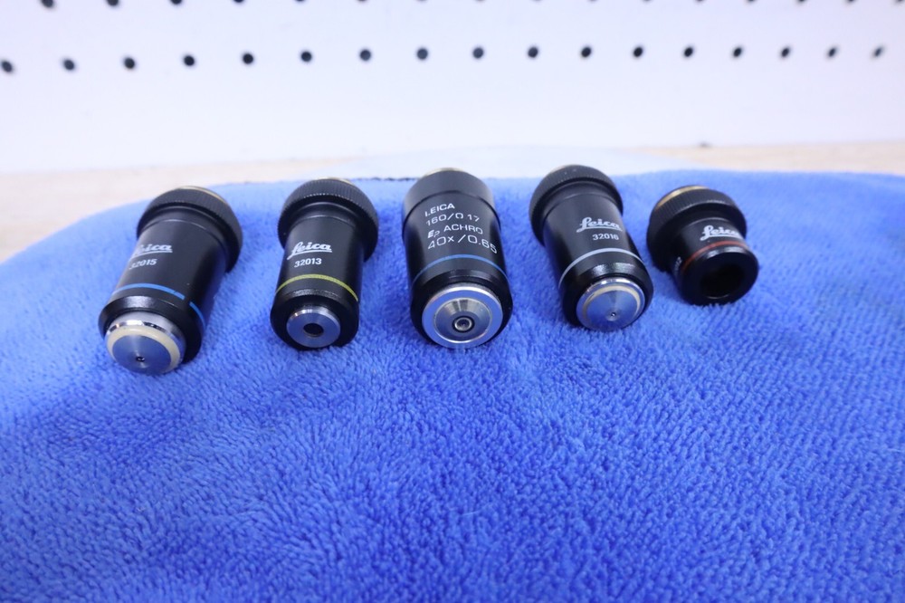 x5 Used Leica Achro Microscope Objectives #32016 32012 32015 32013 & E2 Germany