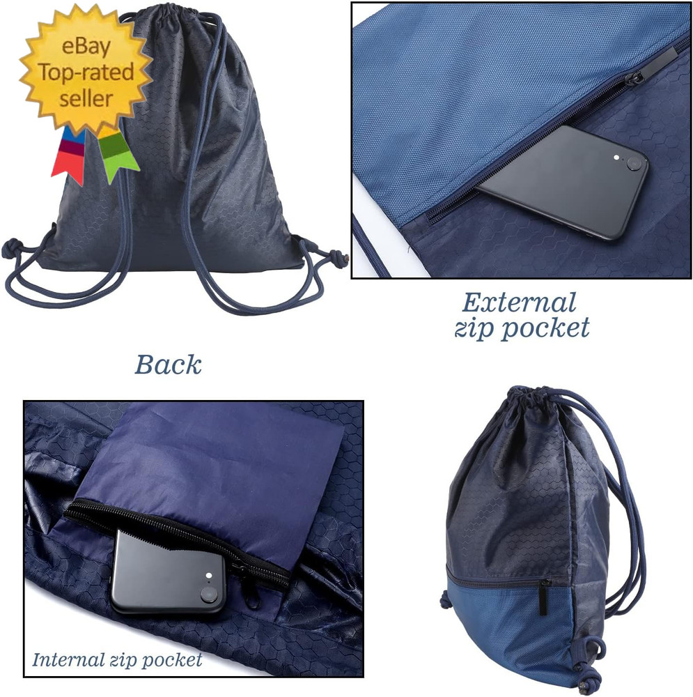 Drawstring Backpack Bag, Waterproof Draw String Back Sack with Zip Pocket