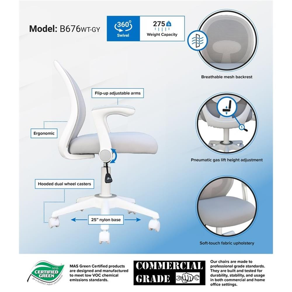 Boss Office Mesh Mid Back Adjustable Armrest Task Chair in Grey/White
