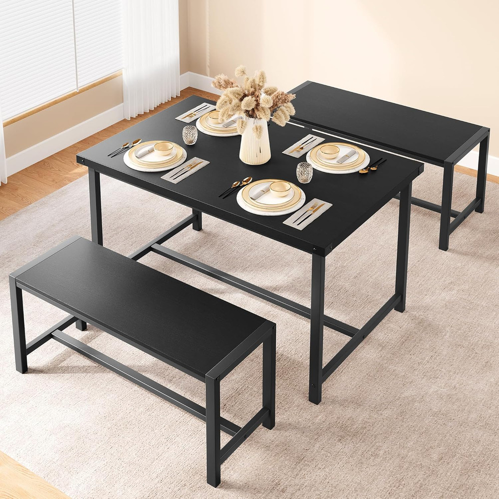 Dining Table Set with 2 Benches, Space-Saving Kitchen Table for Small Spaces & A