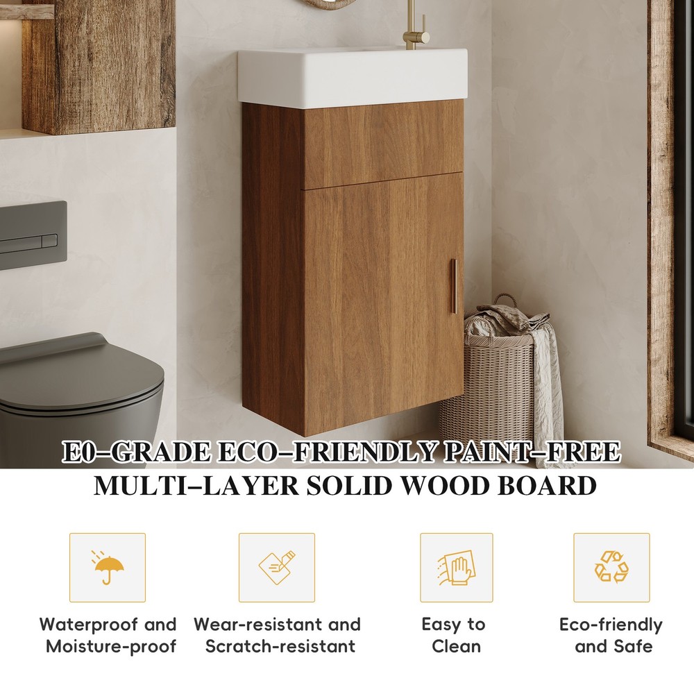 16.5'' Floating Bathroom Vanity w/Ceramic Basin Modern Bathroom Storage Cabinet