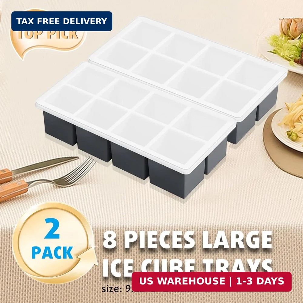 2-Pack Large Ice Cube Trays for Whiskey, Stackable & Easy-Release Silicone Squar