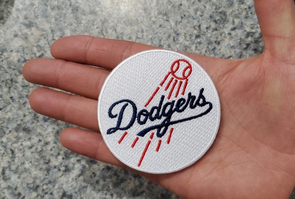LA Dodgers White Round Style Patch. Embroidered. Iron On Backing. 3"x3"