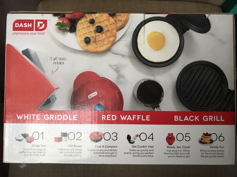 Dash Mini Maker 3-Piece Griddle, Waffle, and Grill Set Red White Black NEW