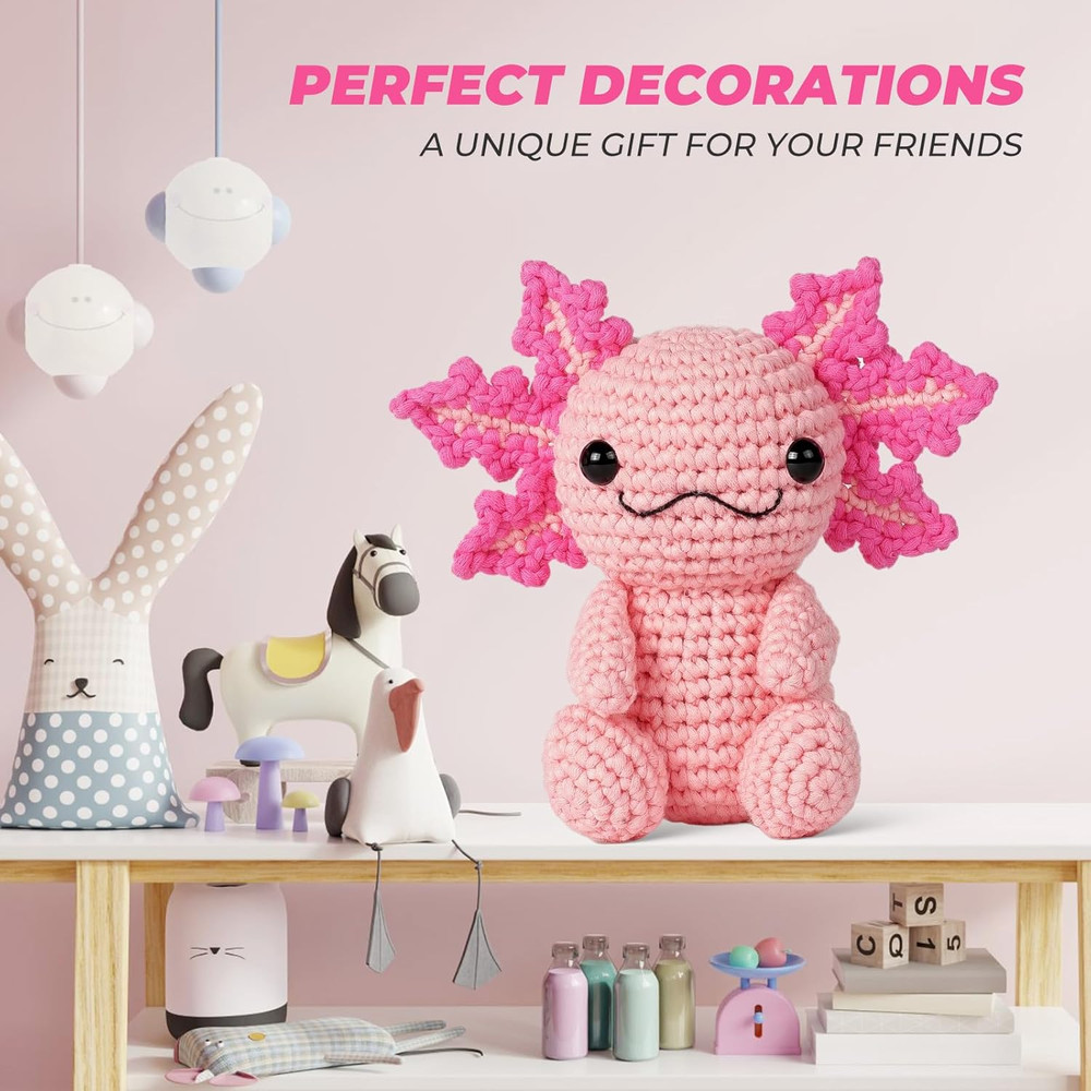 Beginner Crochet Kit – Axolotl Crochet Animal Set + Video Tutorials