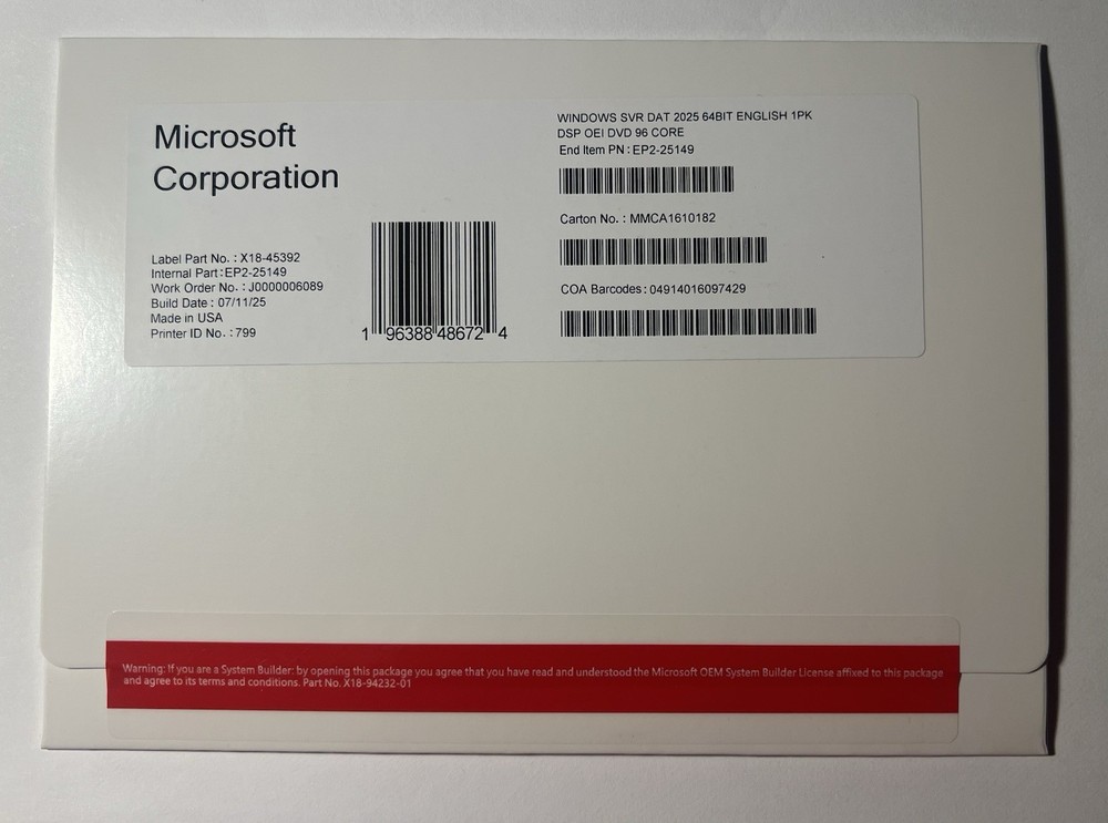Microsoft Windows Server 2025 Datacenter 96 Core DVD+ License Key (NEW)