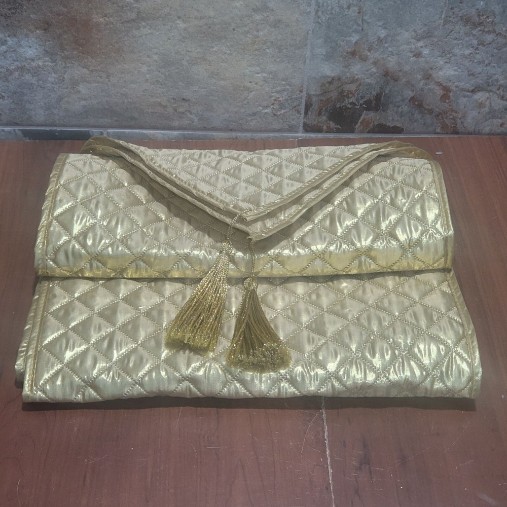 Gold Table Runner with Tassels 82 In Length Quilted Poly