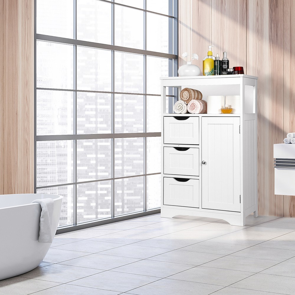 Bathroom Floor Cabinet Side Storage Adjustable Organizer w/3 Drawers 1 Cupboard