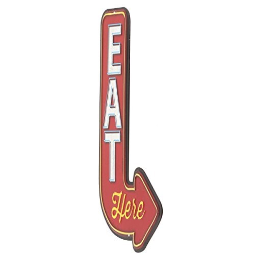Eat Here Arrow Embossed Metal Sign