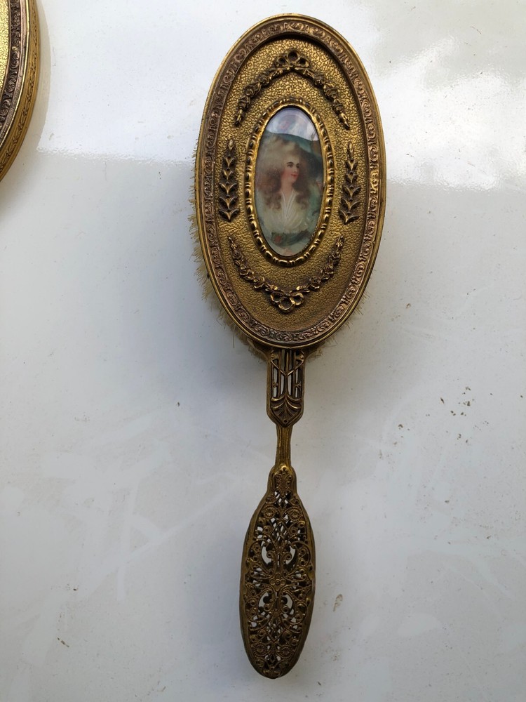 ANTIQUE VINTAGE APOLLO ORMOLU VANITY SET 3 PC BOX BRUSH MIRROR