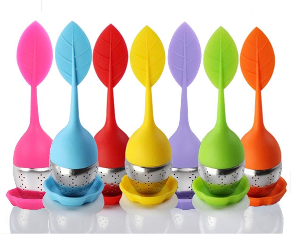 2 pack Tea Steeper Infuser Silicone Handle Stainless Steel Strainer w/ Drip Tray