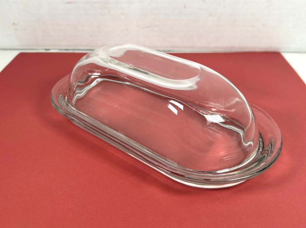 Very Nice Solid Clear Glass Covered BUTTER DISH Simple Smooth See-Through
