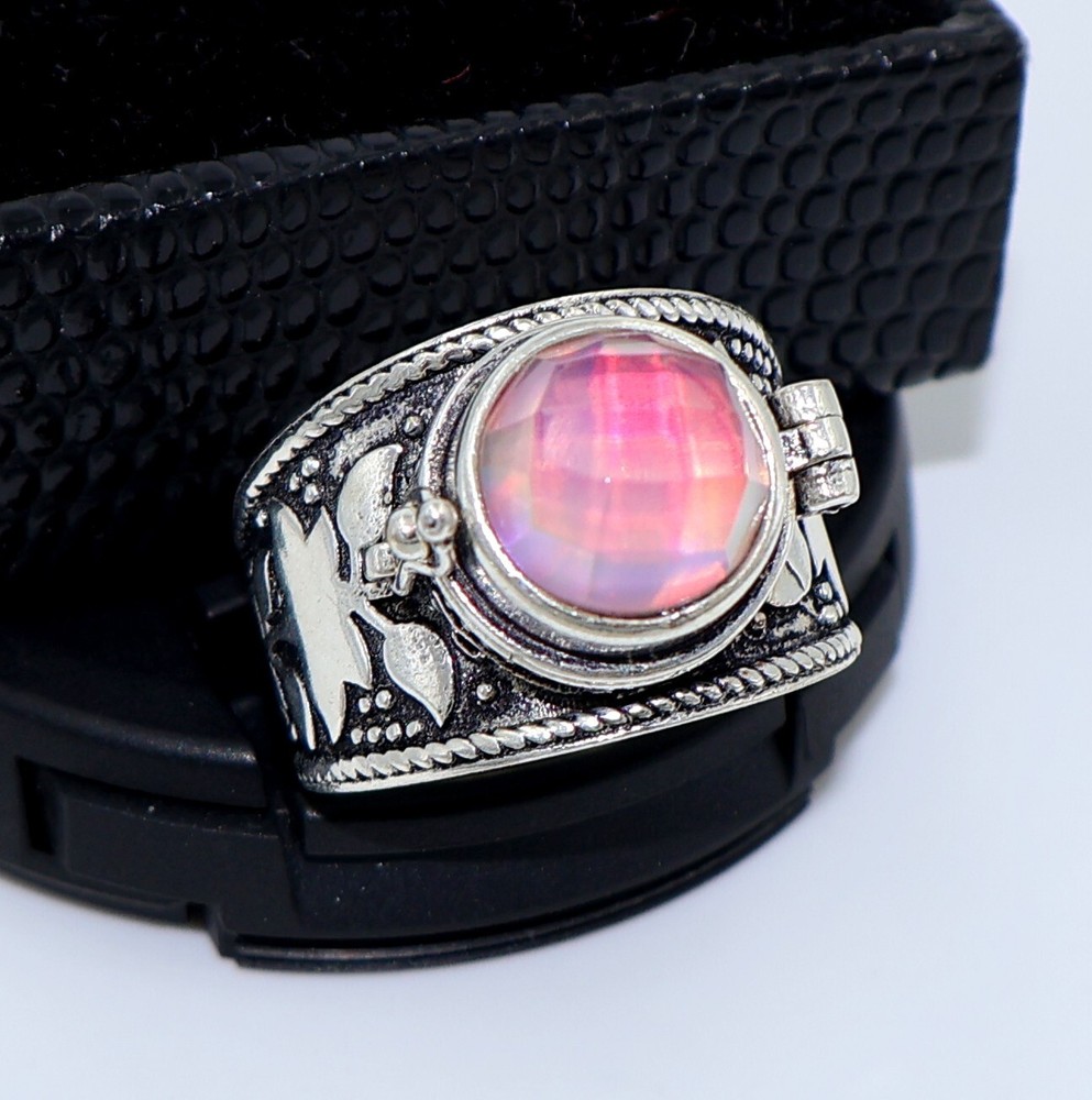 Aurora Opal Poison Ring, 925 Silver Platted Ring, Compartment Pill Box Ring