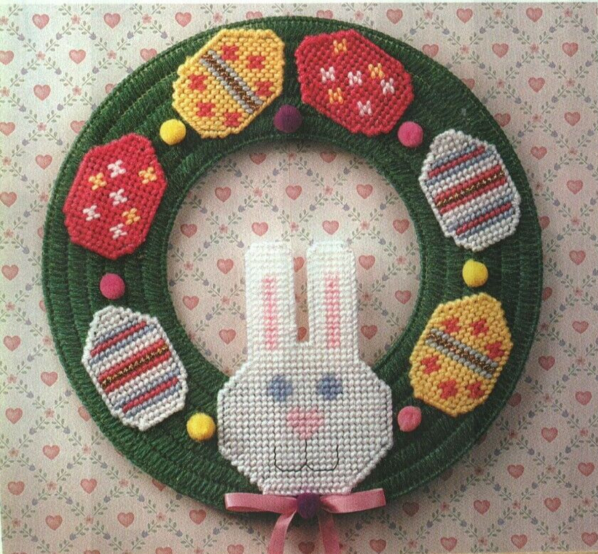 EASTER RABBIT WREATH WITH EGGS PLASTIC CANVAS PATTERN INSTRUCTIONS