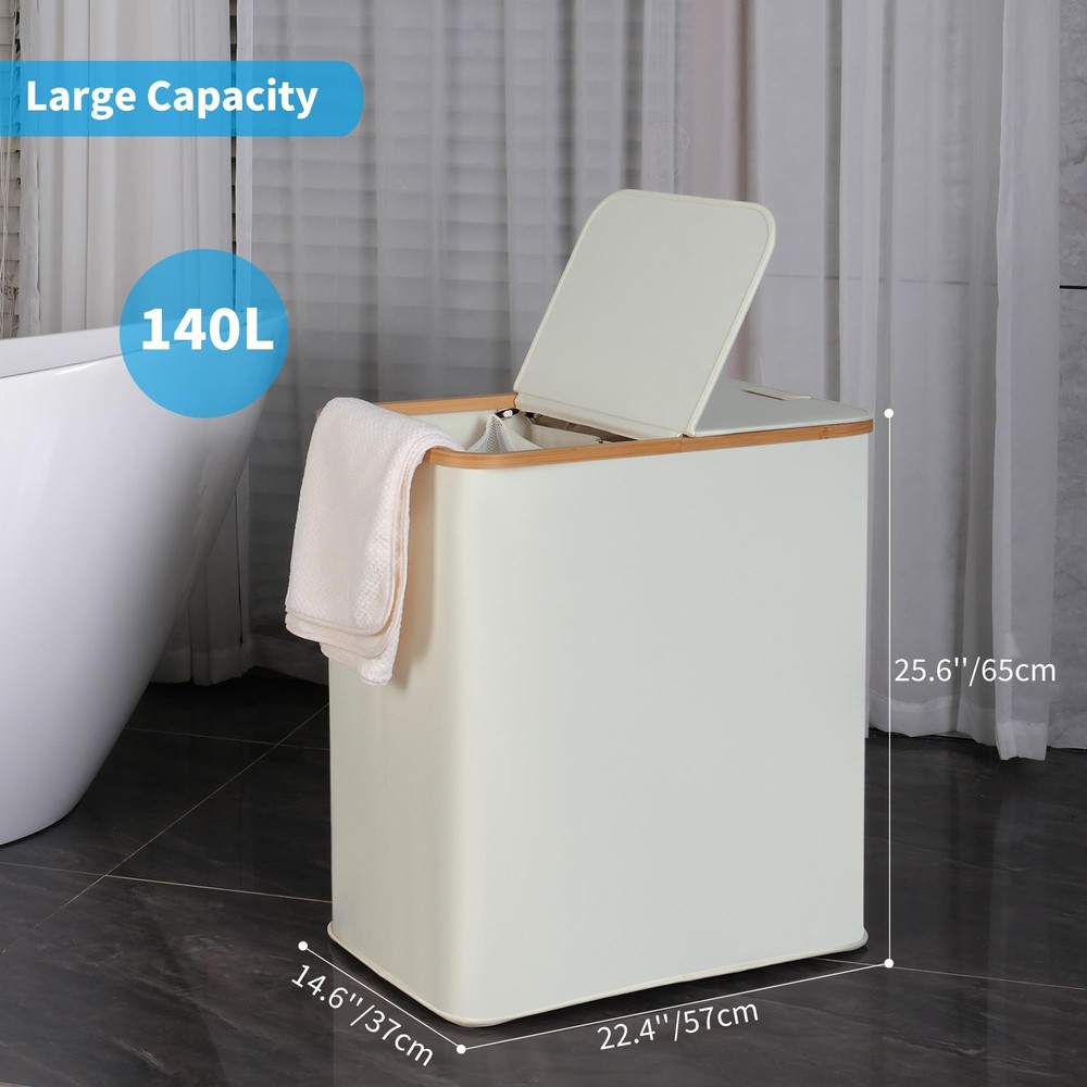 Laundry Hamper with Lid, Double Laundry Hamper with 2 Removable Bags, 2 Secti...