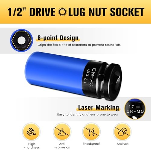 17mm 1/2" Drive Wheel Protector Impact Socket, Non-Marring Lug Nut Thin Wall
