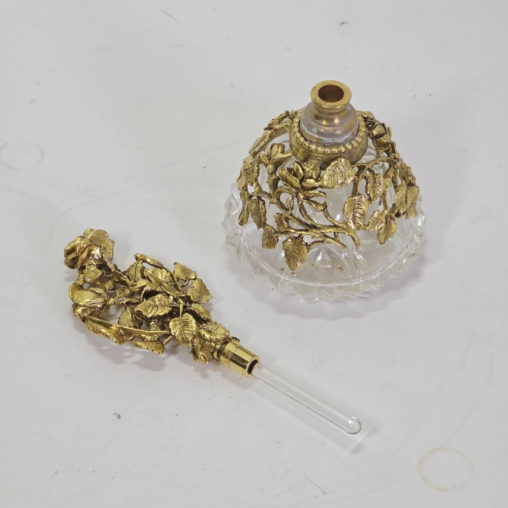 Matson Rose Pattern Ormolu Perfume Bottle with Glass Stopper !