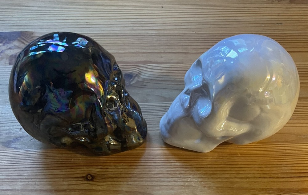 2 Halloween Skull Figures White & Black