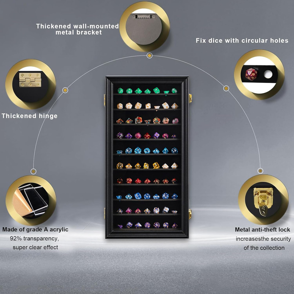 Large Hexagonal DND Dice Display Case - Lockable Wall Mount with UV Protection