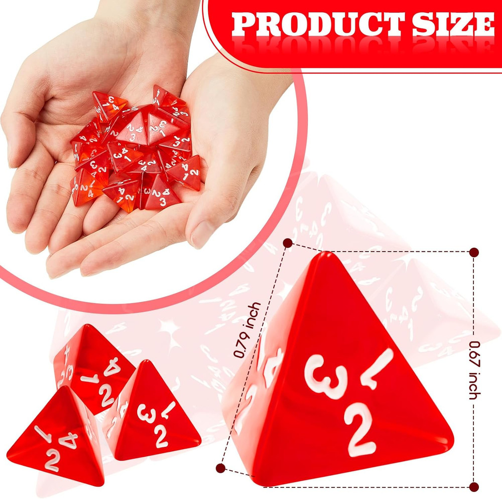 72 Pcs Red Four Sided D4 Dice 20 mm Bulk Cone Transparent Red Dice Polyhedral...